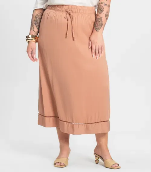 Saia Midi Plus Size em Viscose Secret Glam Marrom