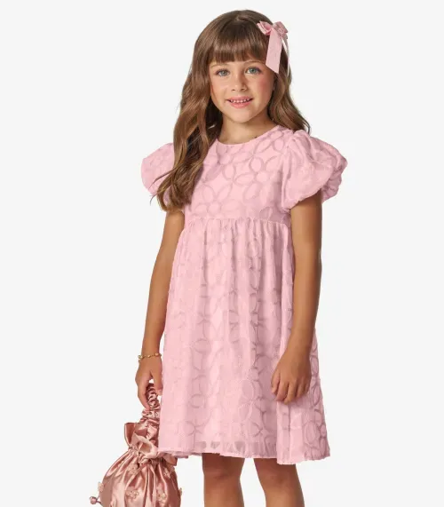 Vestido em Poly Bordado Viscose Khyara Trick Nick Rosa