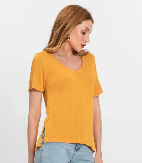 Blusa Feminina Manga Curta Decote V Endless Amarelo