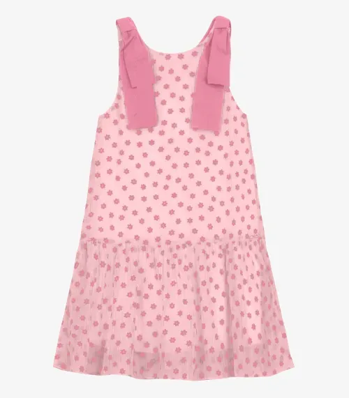 Vestido em Mini Plissado Floral e Visco Trick Nick Rosa