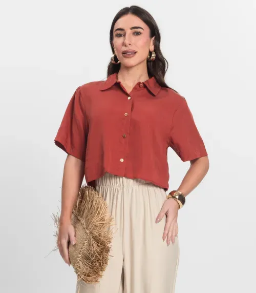 Camisa Feminina Manga Curta Com Gola Endless Marrom