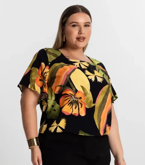Blusa Feminina Plus Size Estampada Secret Glam Preto