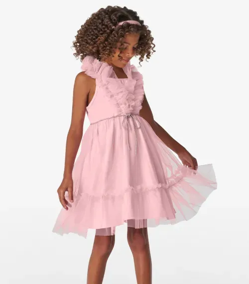 Vestido em Cotton Leve e Tule Trick Nick Rosa