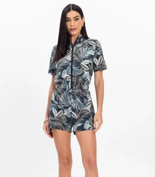 Macaquinho Curto Feminino Estampado Em Viscose WTB Azul