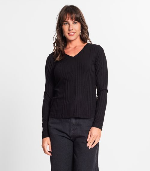 Blusa Manga Longa Em Ribana Canelada Rovitex Preto