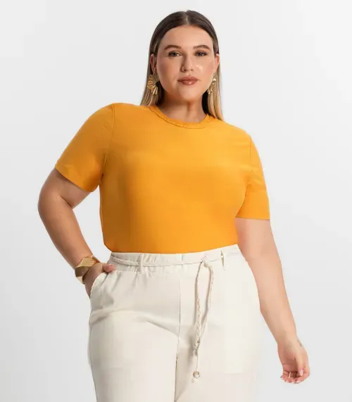 Blusa Plus Size Feminina Manga Curta Secret Glam Amarelo