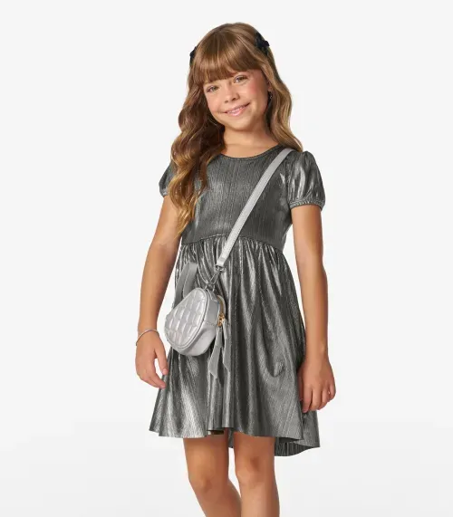 Vestido em Malha Plissada Shiny Trick Nick Cinza