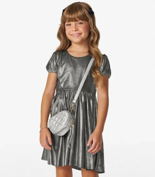 Vestido em Malha Plissada Shiny Trick Nick Cinza