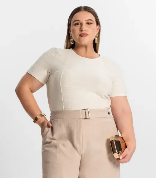 Blusa Plus Size Com Listras Secret Glam Bege