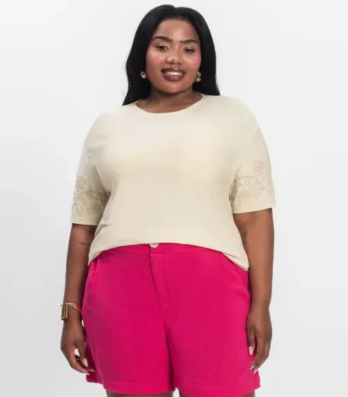 Blusa Manga Curta Plus Size Secret Glam Bege