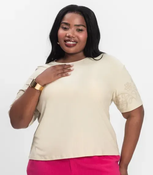 Blusa Manga Curta Plus Size Secret Glam Bege