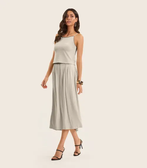 Conjunto Feminino Blusa Com Saia Midi Endless Bege