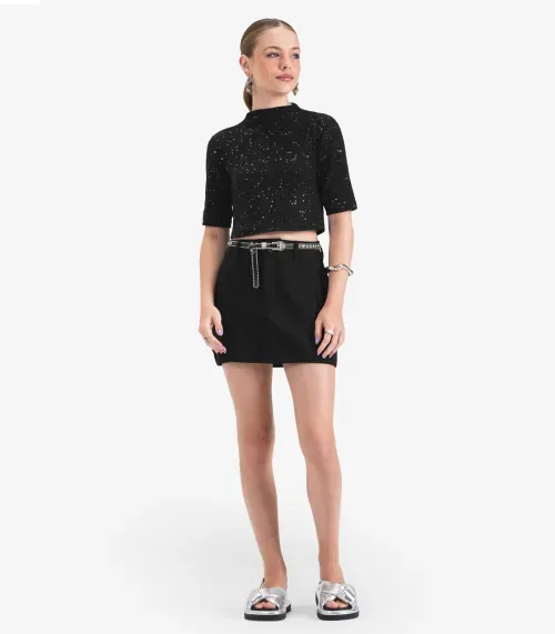 Blusa Juvenil Feminina Manga Curta em Ribana Minty Preto