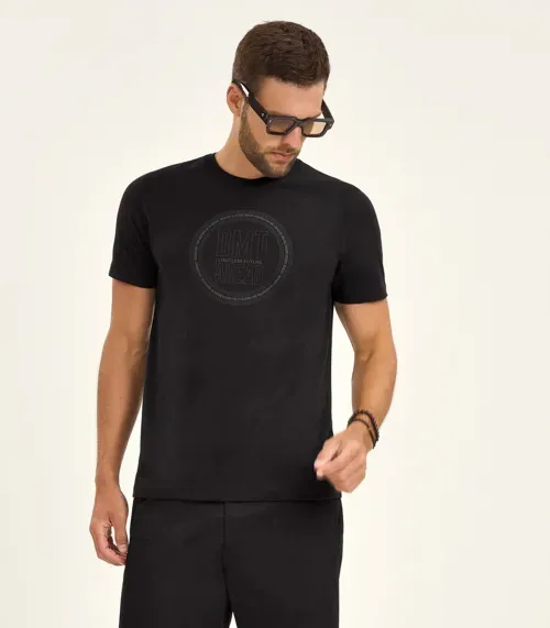 Camiseta Masculina Manga Curta Meia Malha Diametro Preto