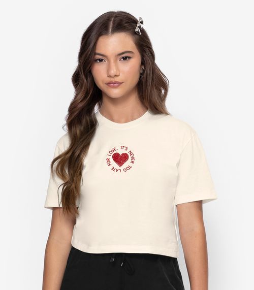 T-shirt Meia Malha Bordada Minty Bege