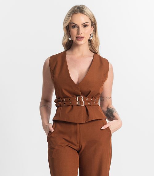 Conjunto Feminino Calça E Colete Veshine Marrom