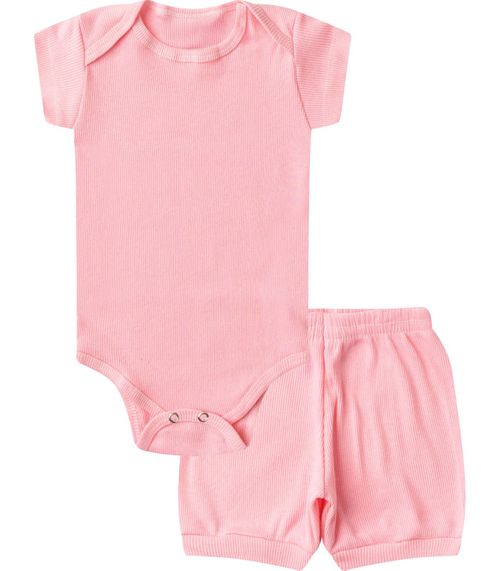 Kit Body Bebê Curto Canelado 2 Peças Select Rosa
