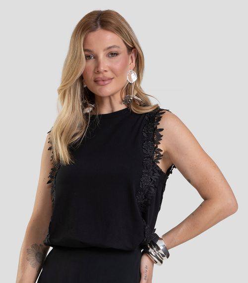 Blusa Feminina Com Renda Guipir Dianna Preto