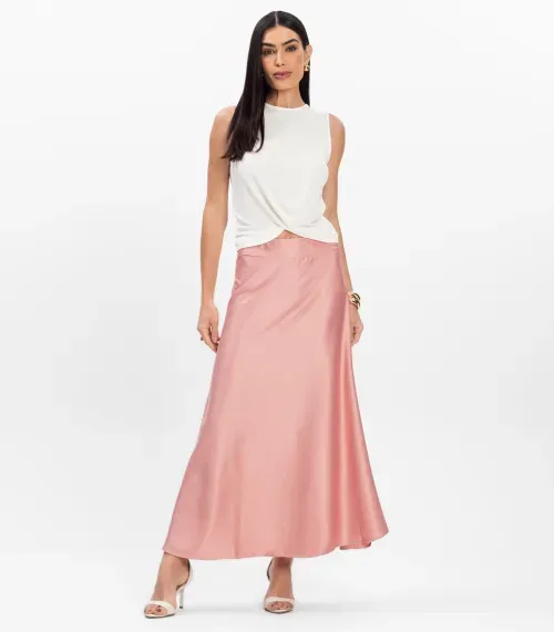 Saia Midi Feminina Fluida Toque Acetinado Select Rosa