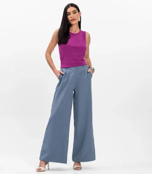 Calça Pantalona Feminina Em Alfaiataria Select Cinza