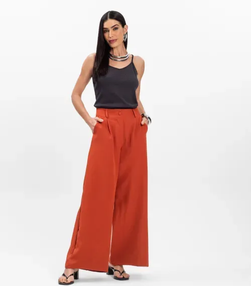 Calça Pantalona Feminina Em Alfaiataria Select Marrom