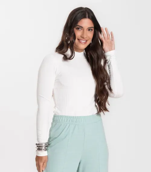 Blusa Manga Longa Feminina Canelada Select Bege