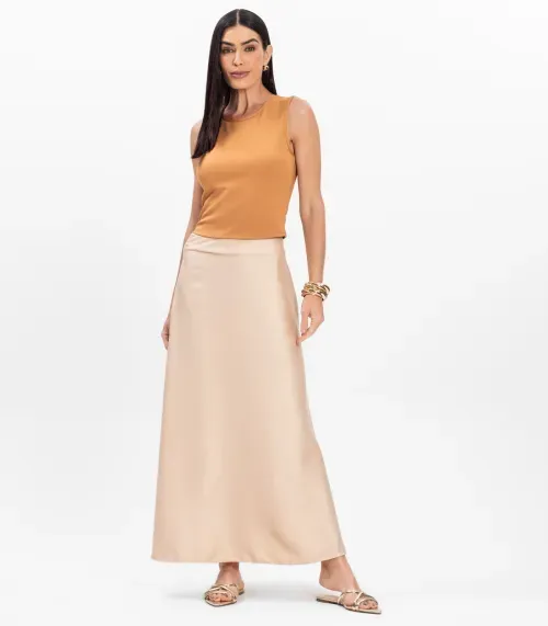 Saia Midi Feminina Fluida Toque Acetinado Select Bege