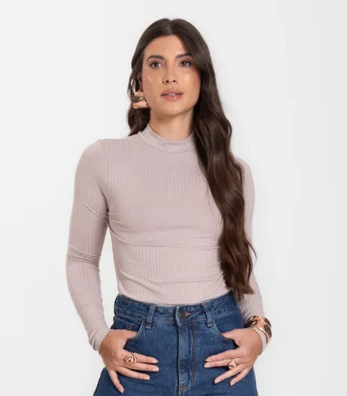 Blusa Manga Longa Feminina Canelada Select Bege