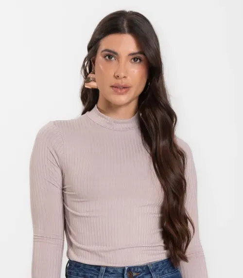 Blusa Manga Longa Feminina Canelada Select Bege
