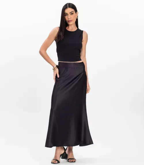 Saia Midi Feminina Fluida Toque Acetinado Select Preto