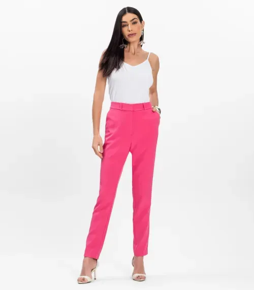 Calça Reta Feminina Social Em Alfaiataria Aishty Rosa