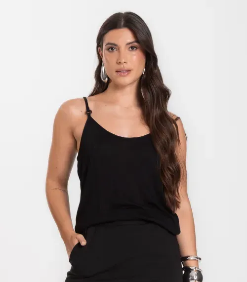 Blusa de Alça em Visco Tricot Infinita Cor Preto