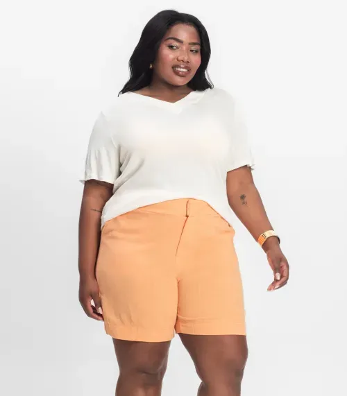 Shorts Feminino Plus Size em Linho Secret Glam Laranja