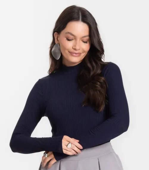Blusa Manga Longa Feminina Canelada Select Azul