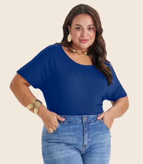 Blusa Manga Curta Feminina Plus Size Secret Glam Azul