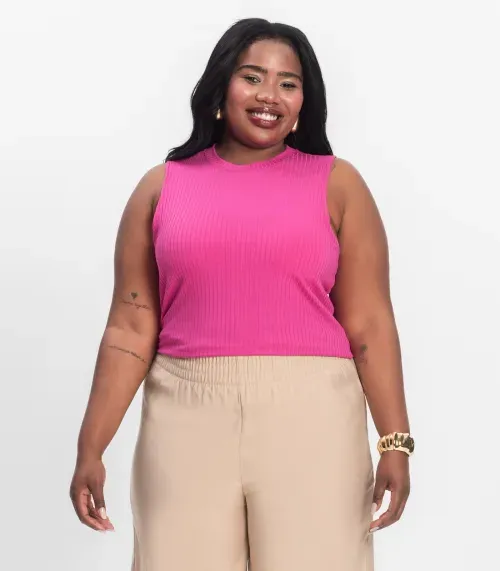 Regata Plus Size Em Ribana Canelada Secret Glam Rosa