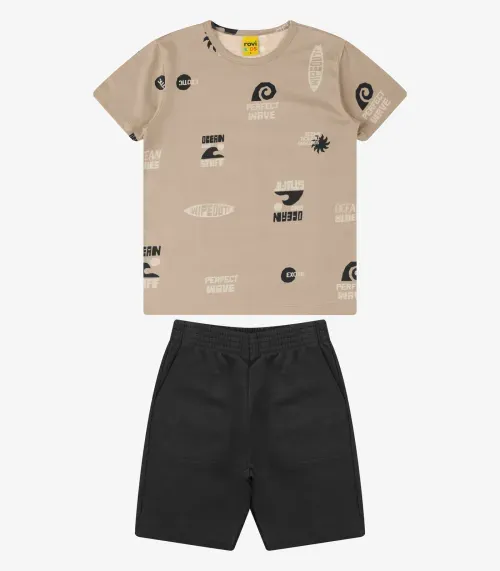 Conjunto Camiseta com Bermuda Masculino Rovi Kids Marrom