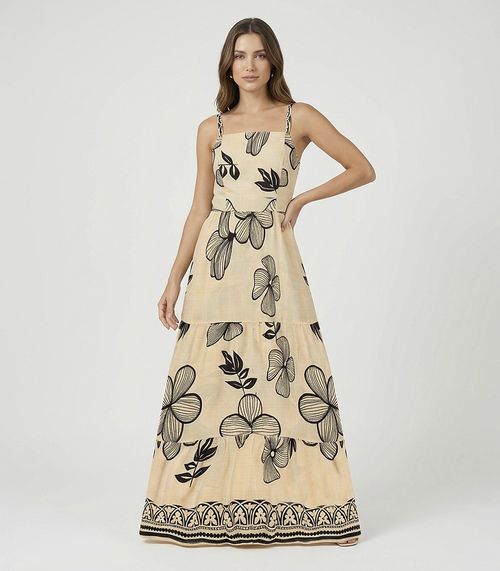 Vestido Longo Feminino Lastex Estampado Select Preto