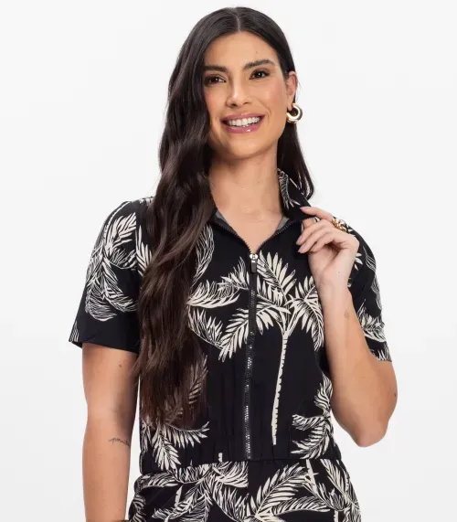 Macaquinho Curto Feminino Estampado Em Viscose WTB Preto