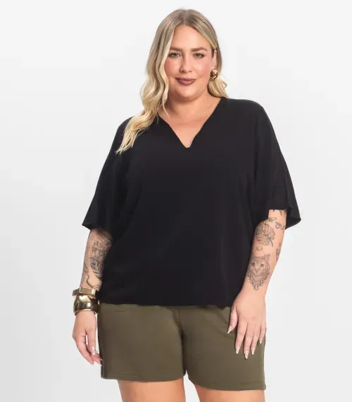 Blusa Manga Curta Plus Size Secret Glam Preto