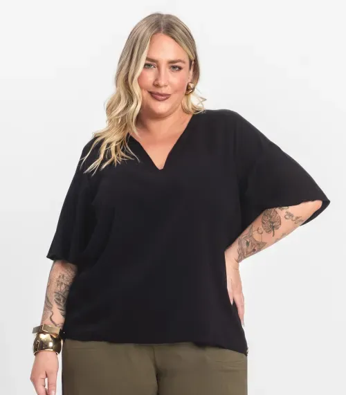 Blusa Manga Curta Plus Size Secret Glam Preto