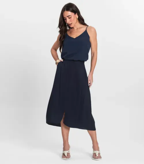 Saia Midi Feminina em Viscose Sarjada Endless Azul