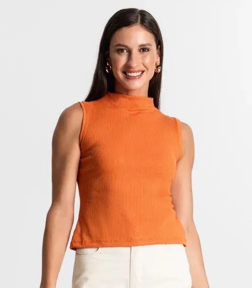 Regata Feminina Em Ribana Canelada Lurex Rovitex Laranja