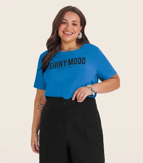 Camiseta Plus Size Manga Curta Secret Glam Azul