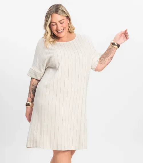 Vestido Plus Size em Visco Listras Secret Glam Bege