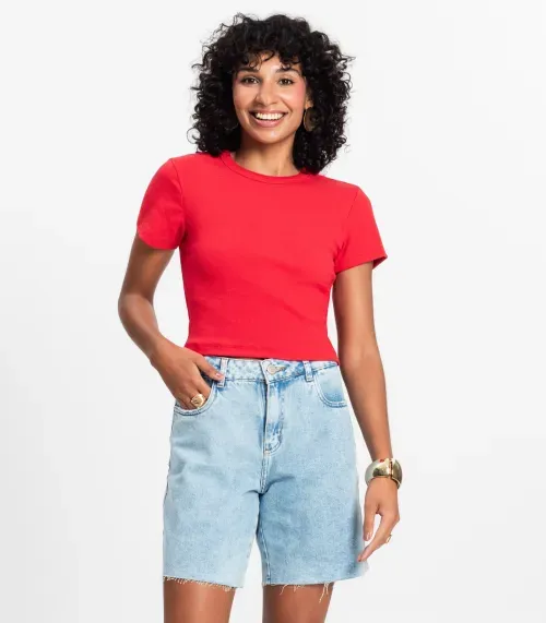Blusa Cropped Ribana Básica Rovitex Vermelho