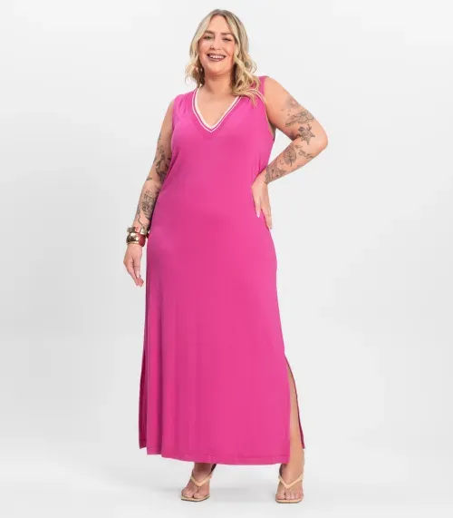 Vestido Plus Size em Viscose Secret Glam Rosa