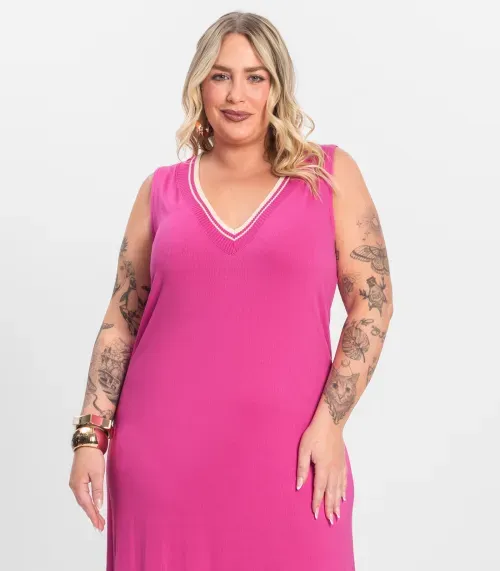 Vestido Plus Size em Viscose Secret Glam Rosa