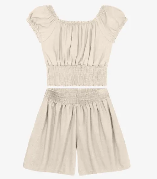 Conjunto Juvenil Blusa Com Shorts em Viscose Minty Bege