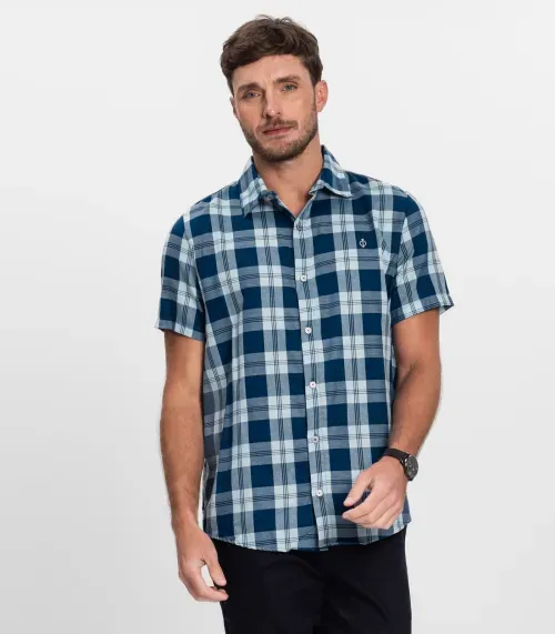 Camisa Masculina Xadrez Diametro Azul